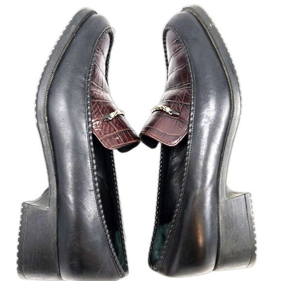 Brighton Sarah Brown Croc Embossed and Black Leather Slip On Loafers Size 8.5 - Picture 6 of 9